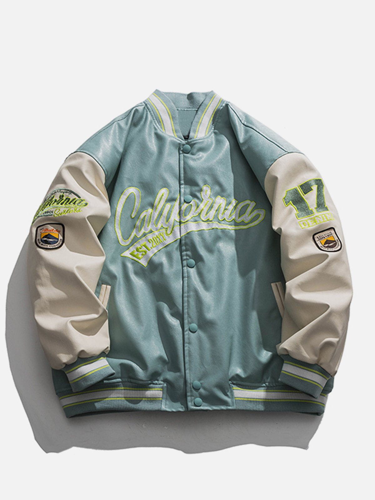 "California" PU Stitching Thicken Varsity Jacket