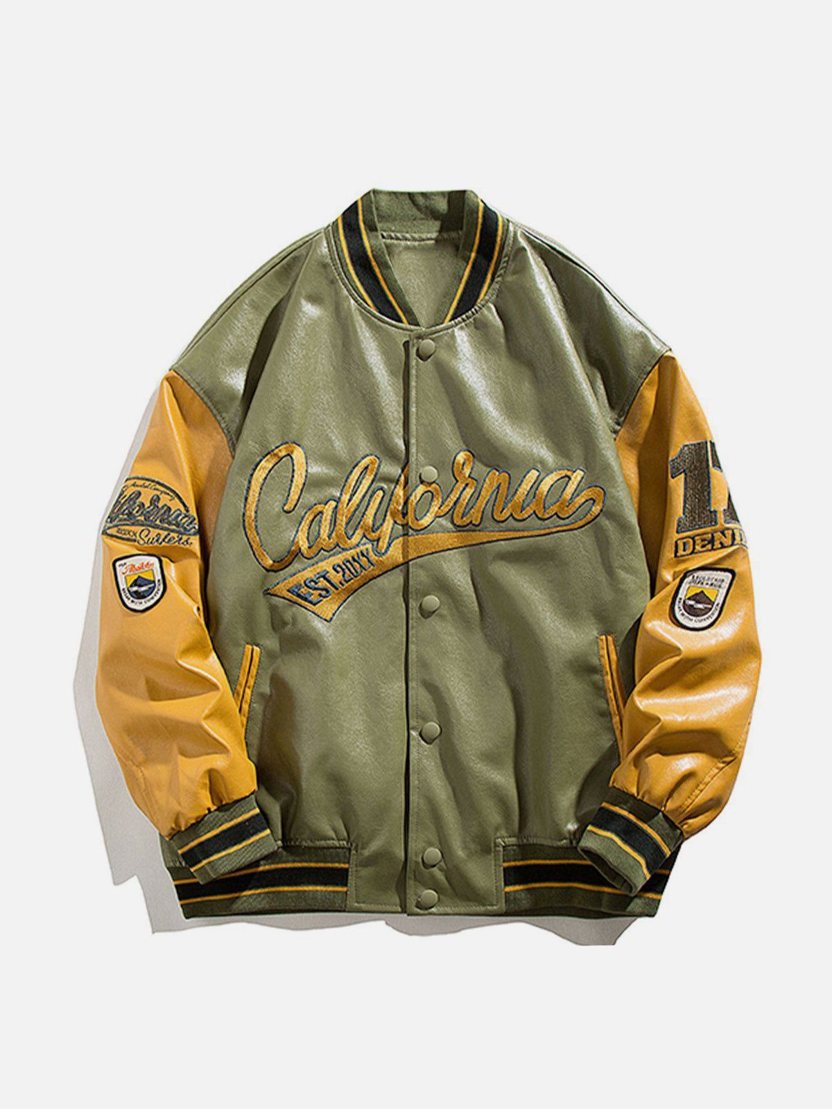 "California" PU Stitching Varsity Jacket