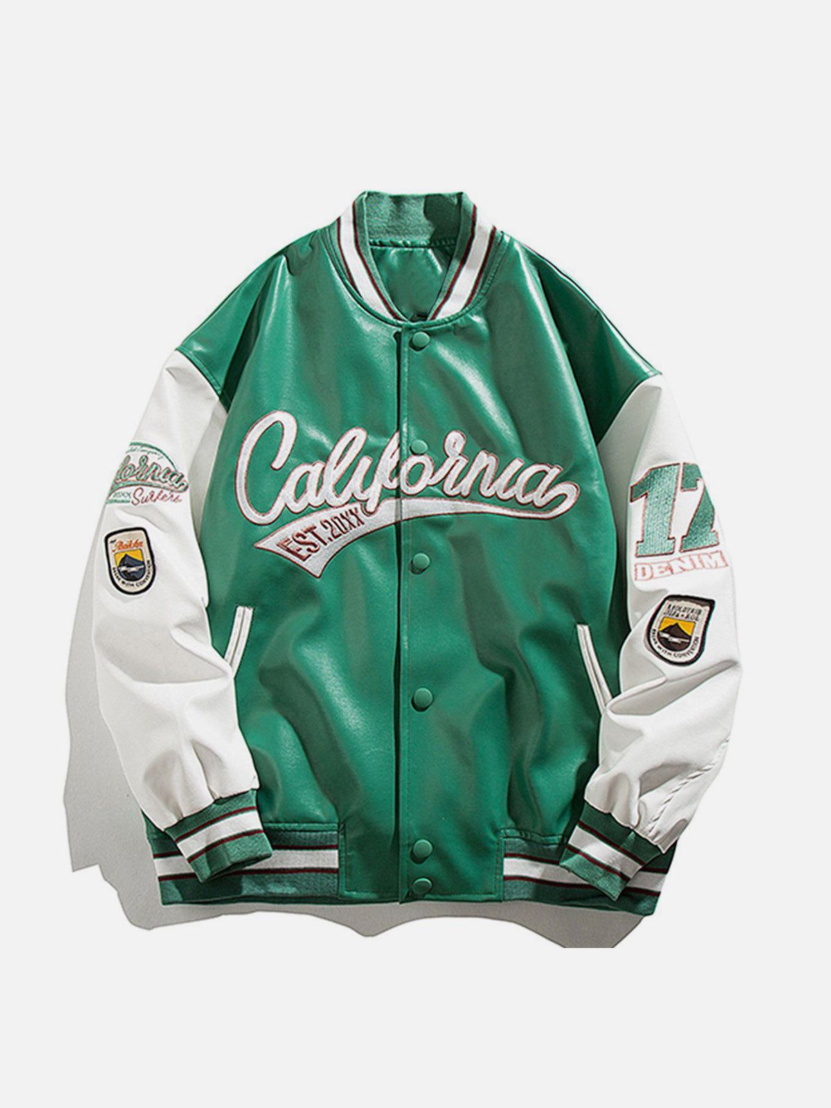 "California" PU Stitching Varsity Jacket