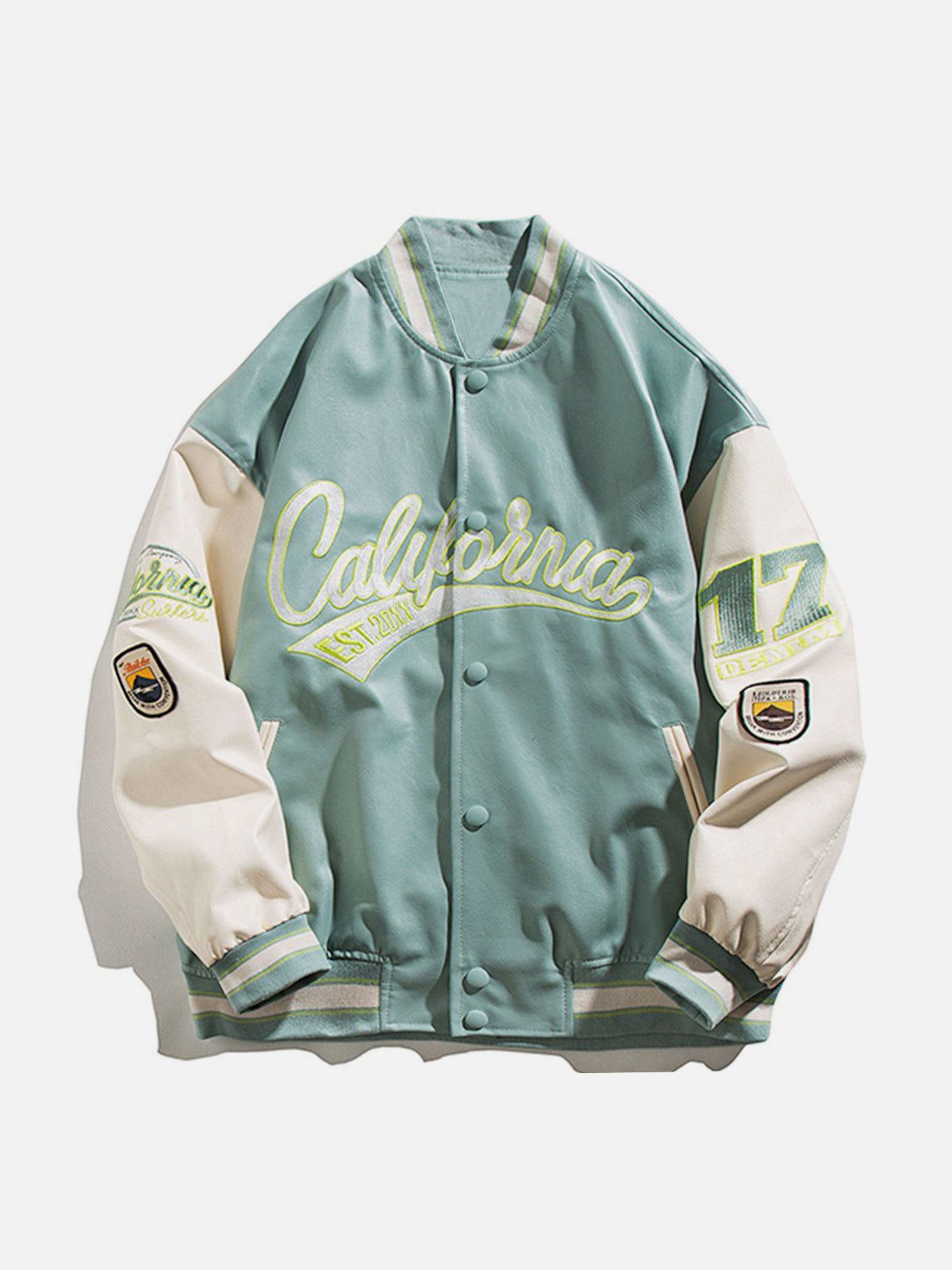 "California" PU Stitching Varsity Jacket