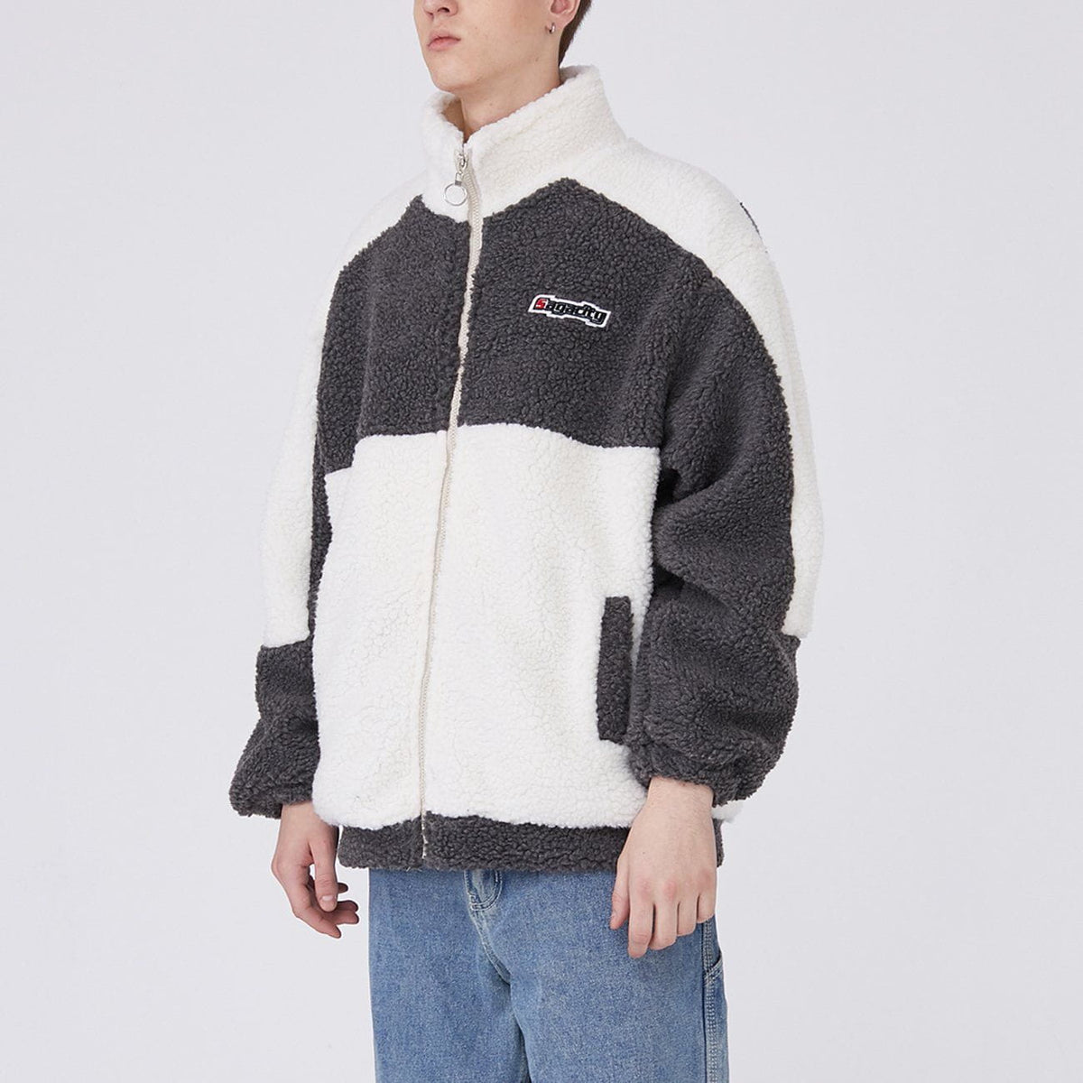 Color Block Lambs Wool Stand Collar Varsity Jacket