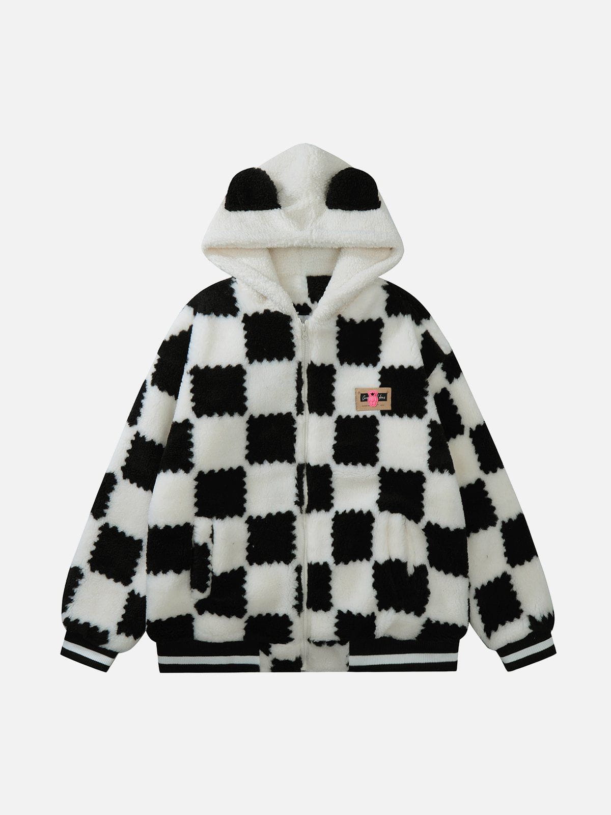 Contrast Check Hood Sherpa Coat