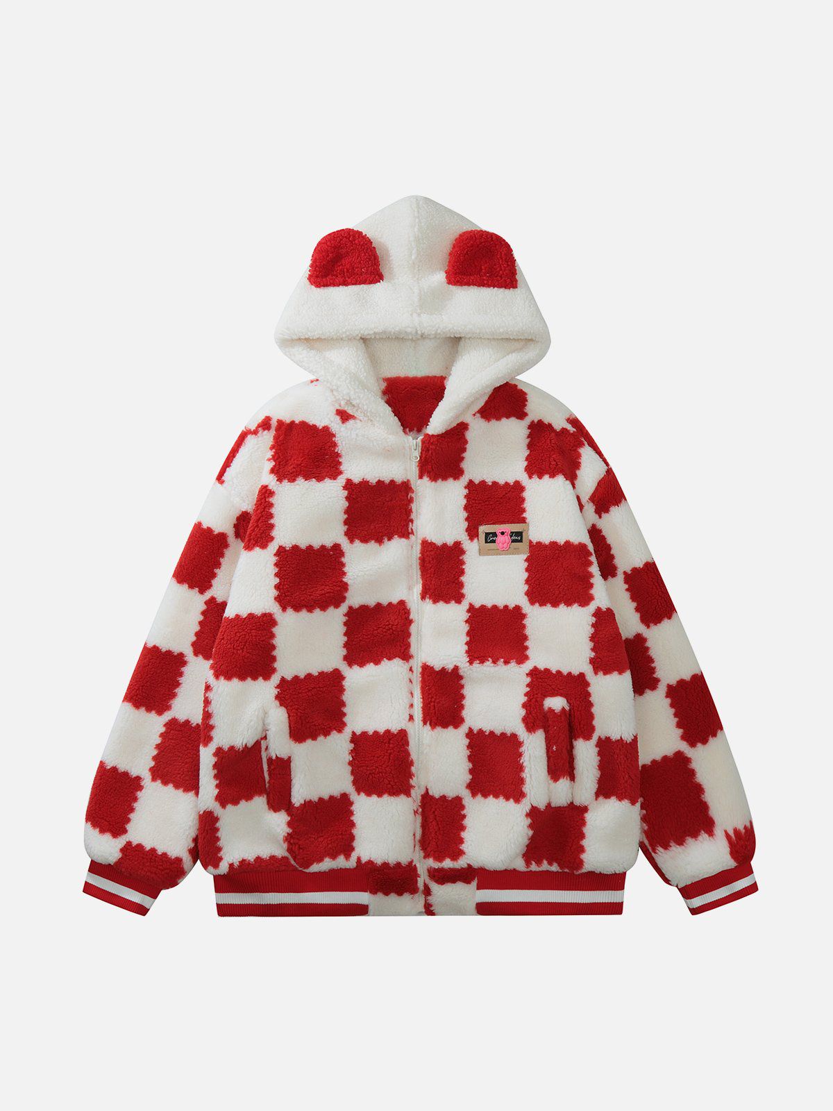 Contrast Check Hood Sherpa Coat