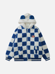 Contrast Check Hood Sherpa Coat