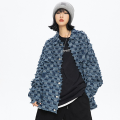 Denim Shearing Chessboard Tassel Craft Revers Jacke 