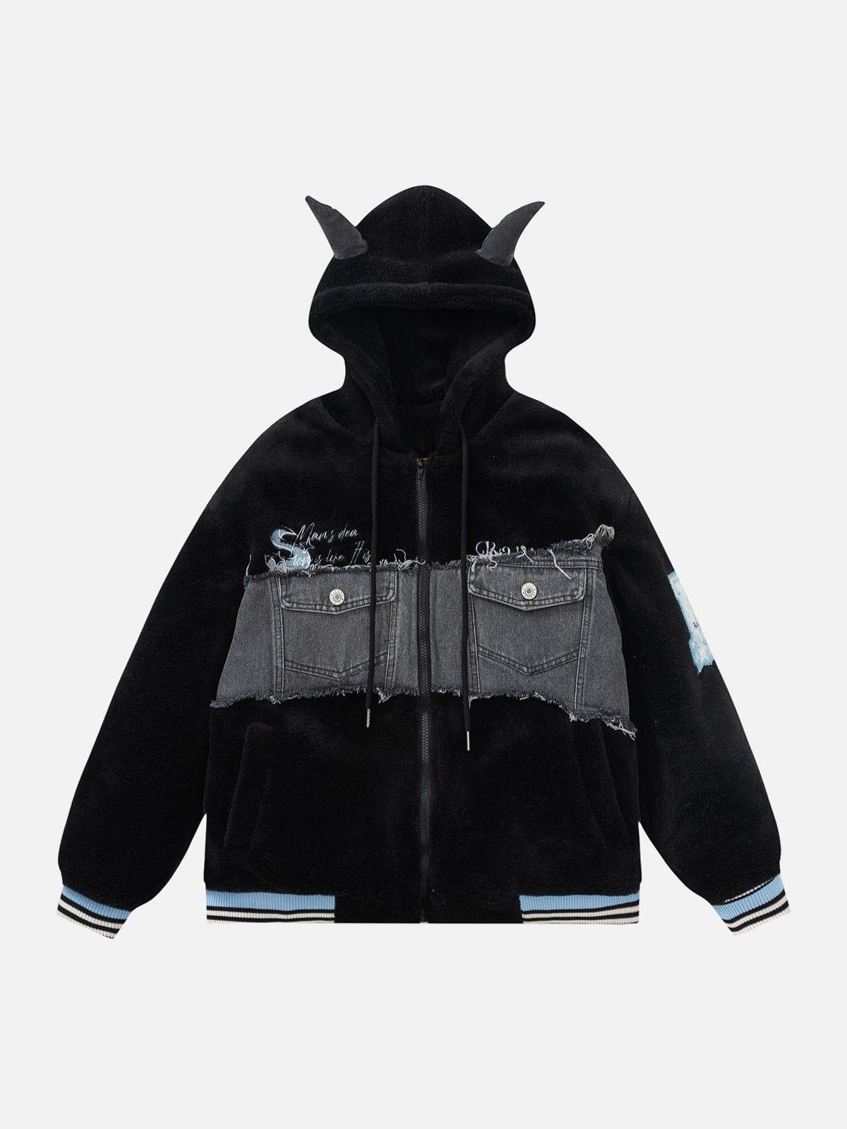 Devil Horn Denim Panel Sherpa Coat