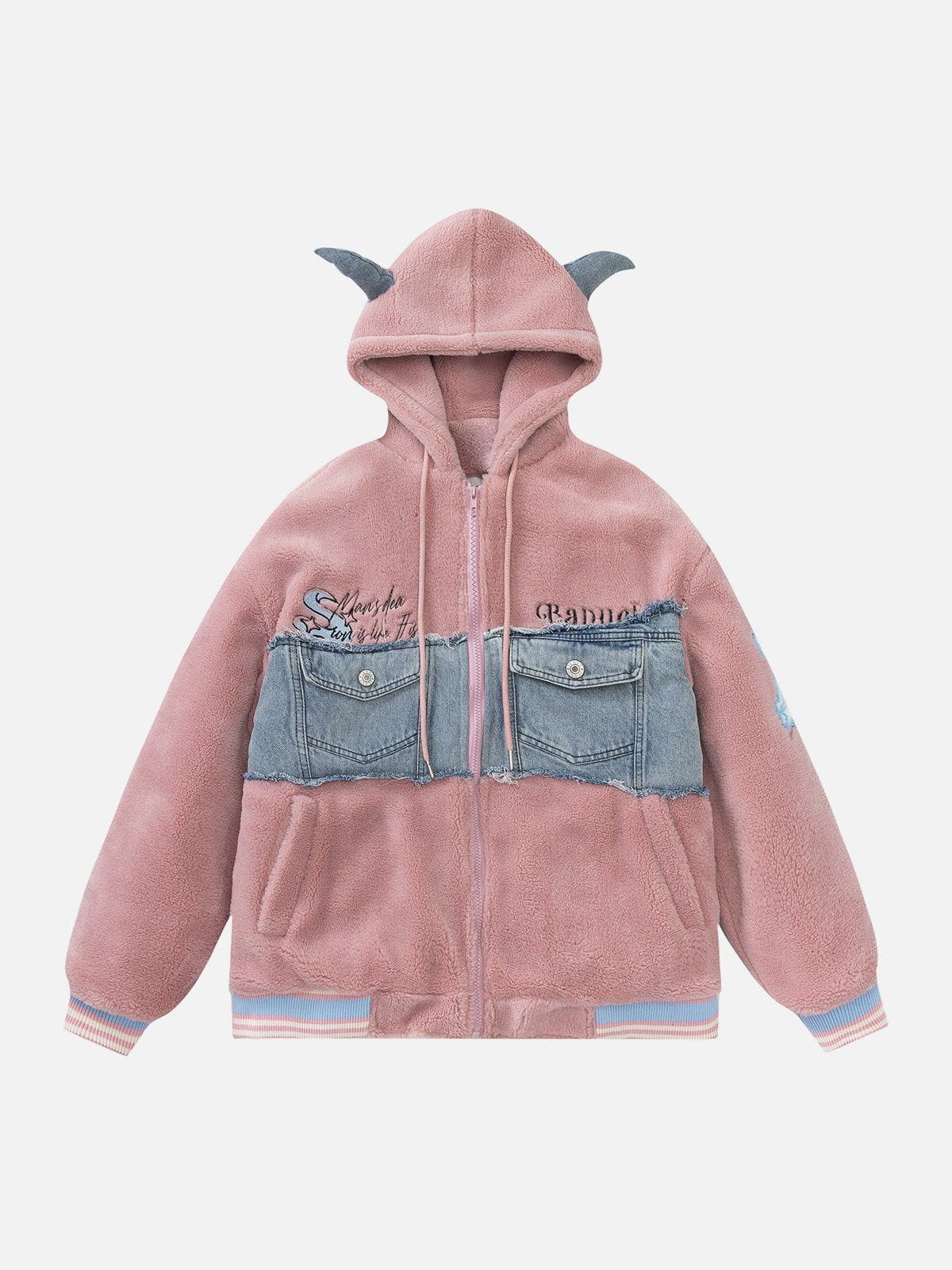 Devil Horn Denim Panel Sherpa Coat