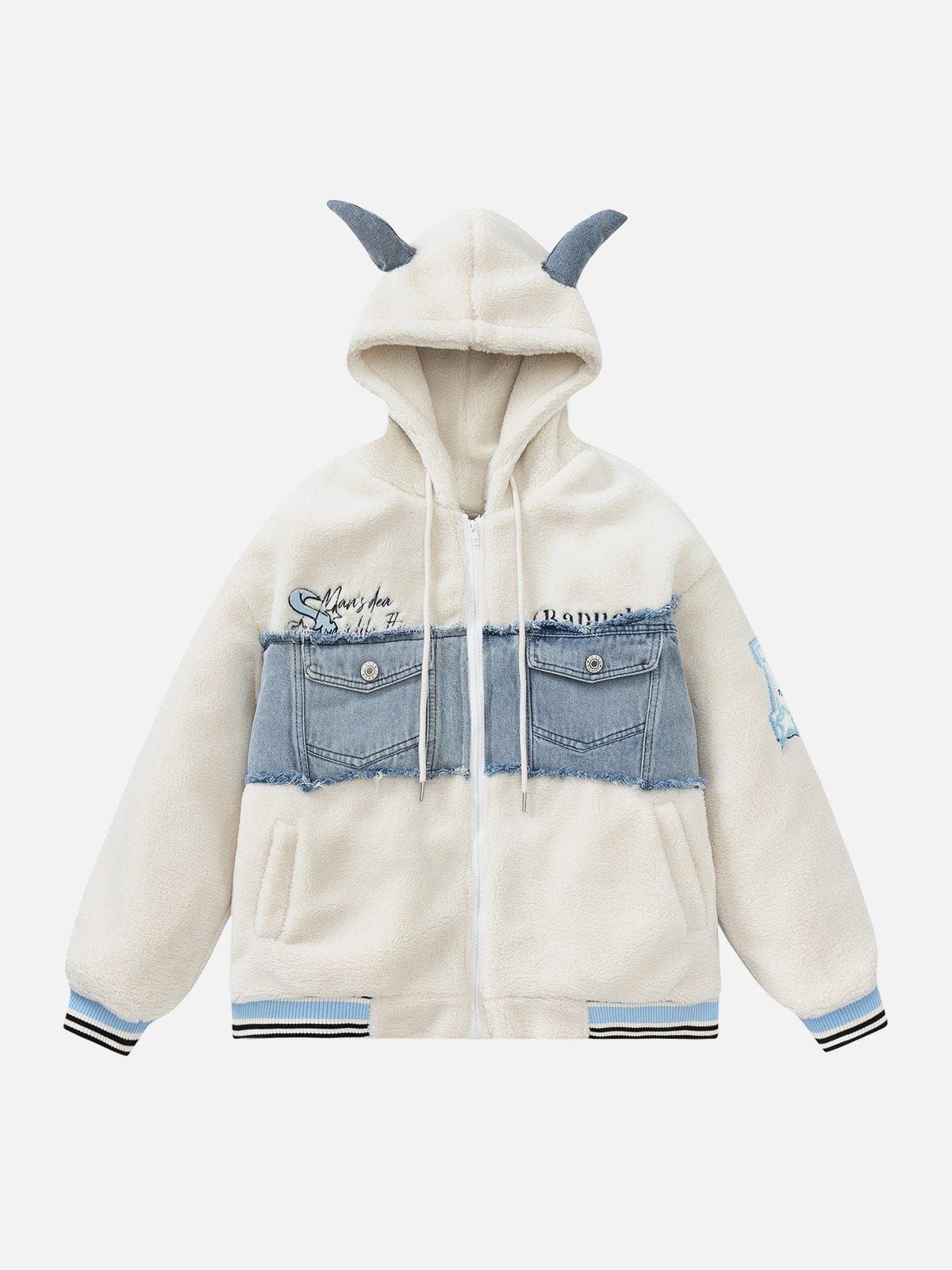 Devil Horn Denim Panel Sherpa Coat