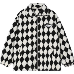 Diamond Grid Patch Embroidery Sherpa Winter Coat