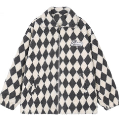 Diamond Grid Patch Embroidery Sherpa Winter Coat