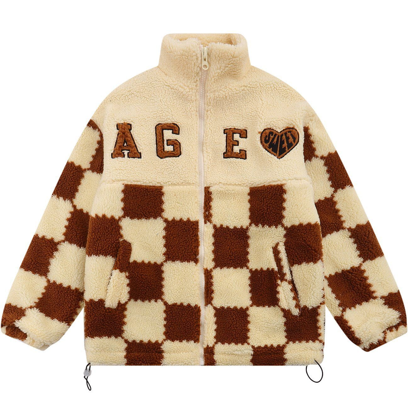 Embroidered Letters Lattice Sherpa Winter Coat