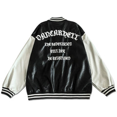 Embroidered Letters PU Leather Winter Coat