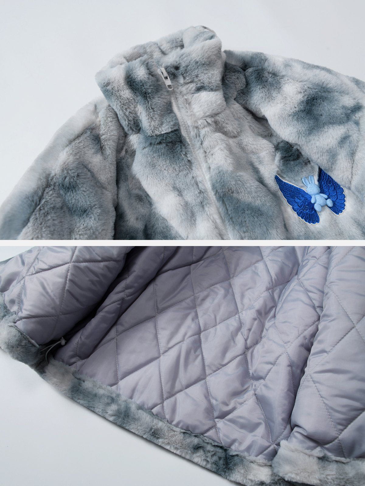 Embroidered Wings Bunny Label Tie Dye Sherpa Coat