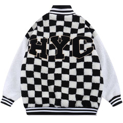 Manteau d'hiver sherpa à carreaux et lettres floquées