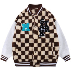 Manteau d'hiver sherpa à carreaux et lettres floquées