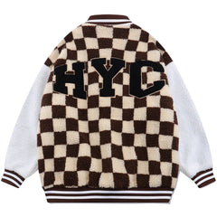 Manteau d'hiver sherpa à carreaux et lettres floquées