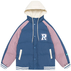 Flocking Letters Patchwork Hooded Winter Coat