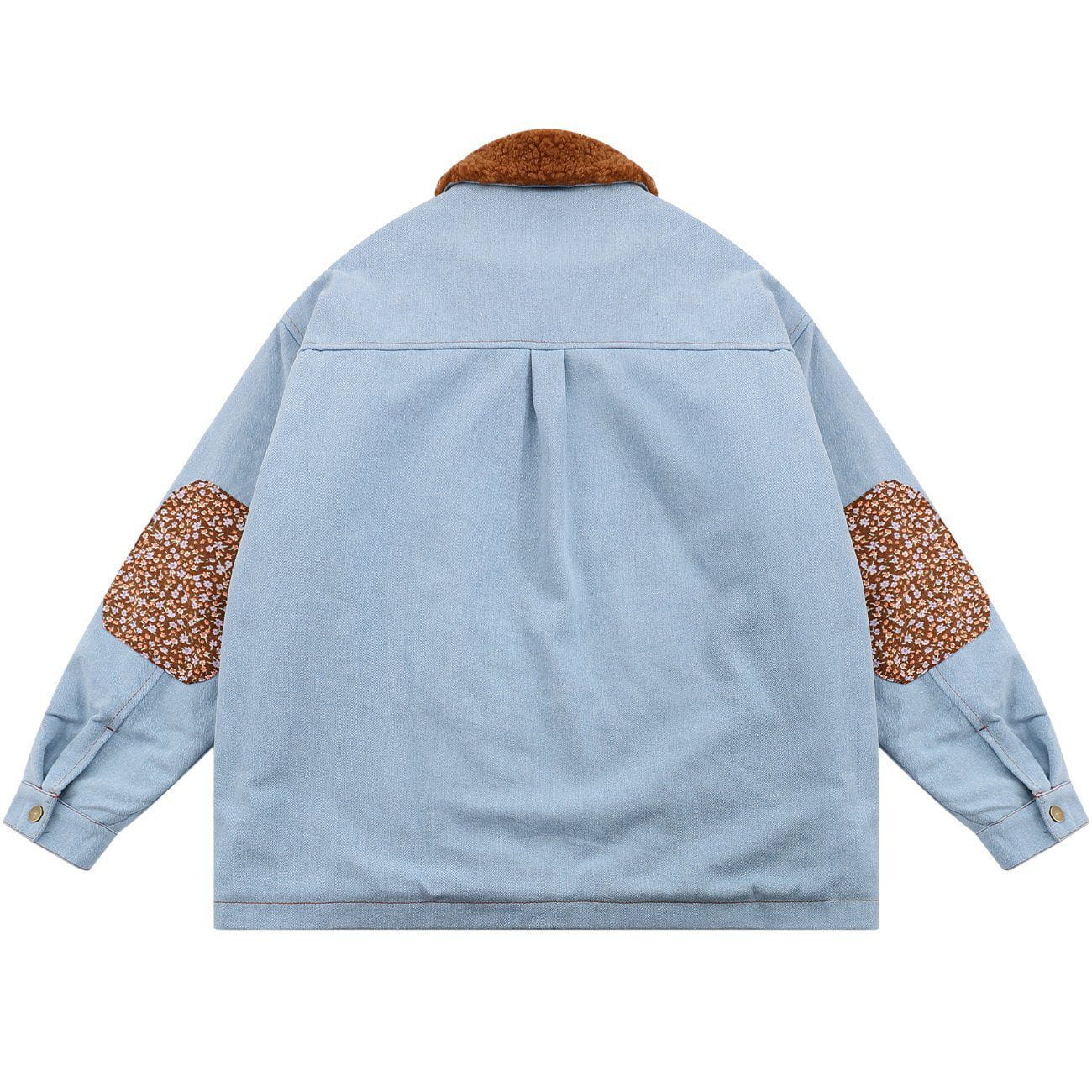 Floral Stitching Polo Collar Denim Winter Coat