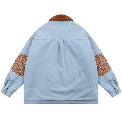 Floral Stitching Polo Collar Denim Winter Coat