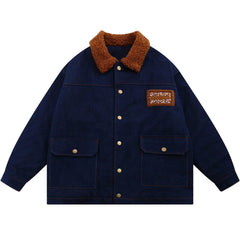 Floral Stitching Polo Collar Denim Winter Coat