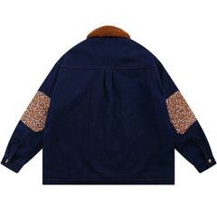 Floral Stitching Polo Collar Denim Winter Coat