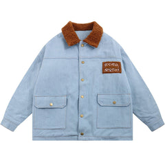 Floral Stitching Polo Collar Denim Winter Coat