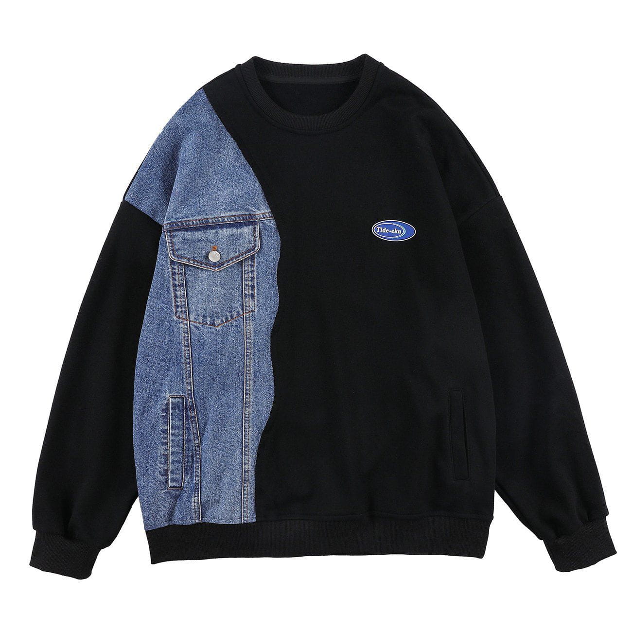 Front Pocket Denim Patchwork Sweatshirt