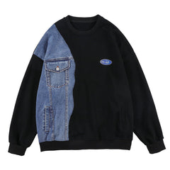 Front Pocket Denim Patchwork Sweatshirt