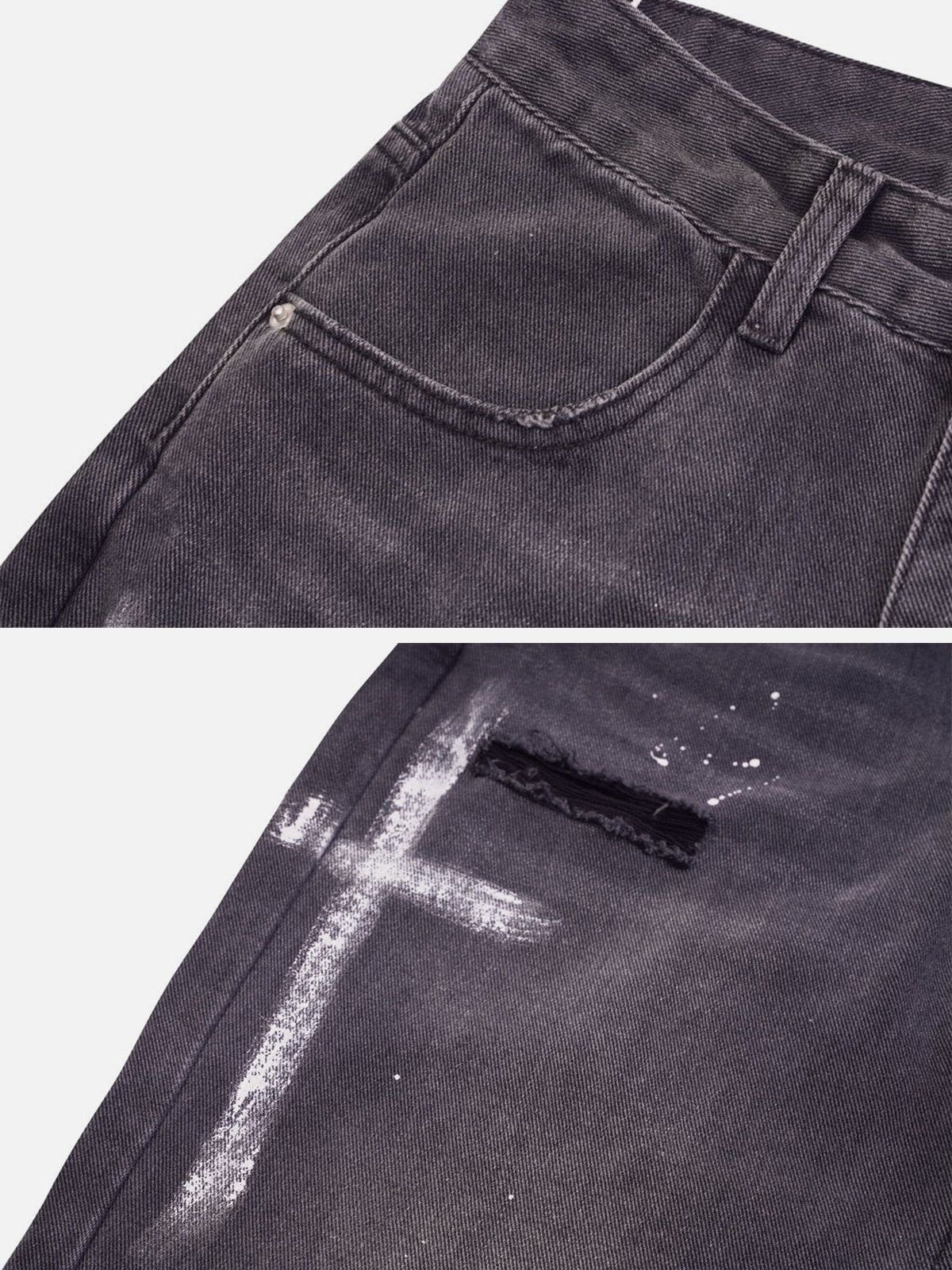 Hand Painted Cross Hole Jeans