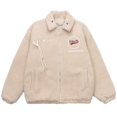 Letter Embroidery Solid Color Sherpa Winter Coat