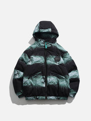 Lightning Print Hooded Down Coat