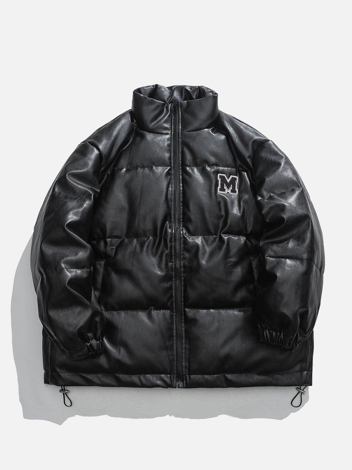 M Patch Embroidery Solid Leather Jacket