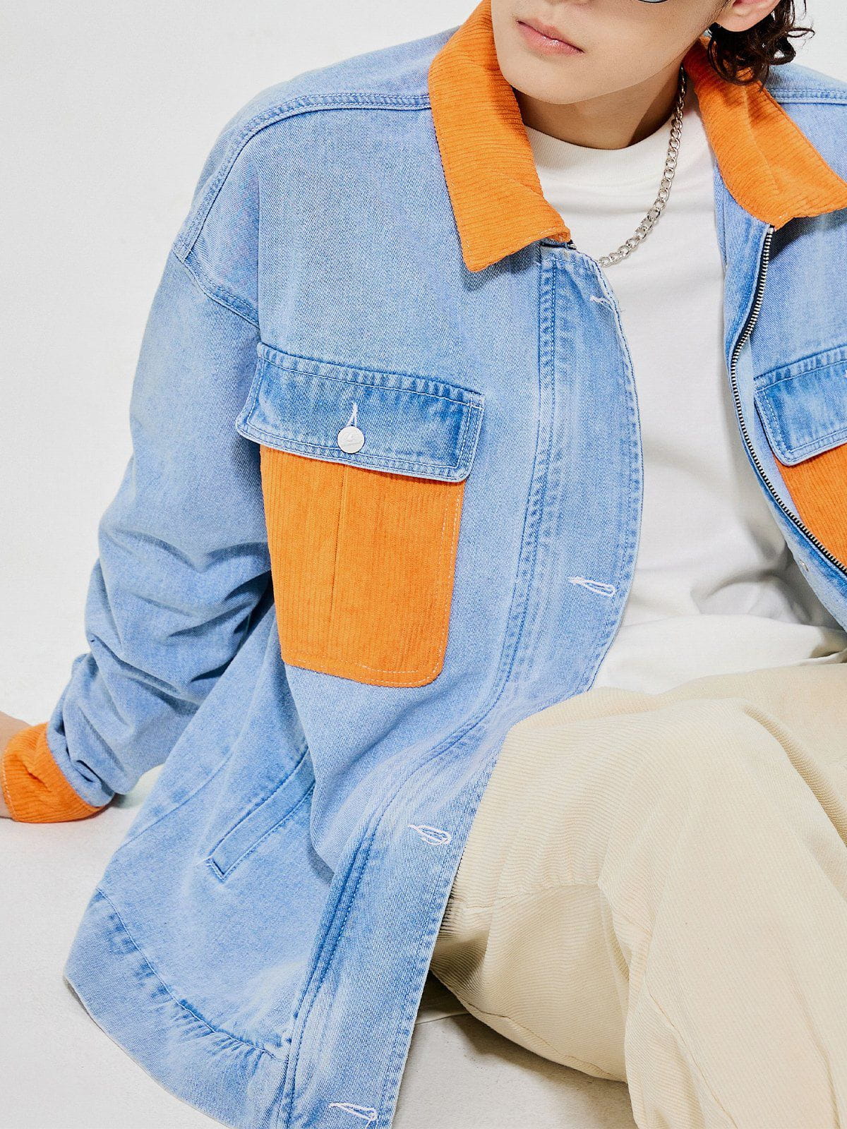 Orange Corduroy Patchwork Denim Jacket