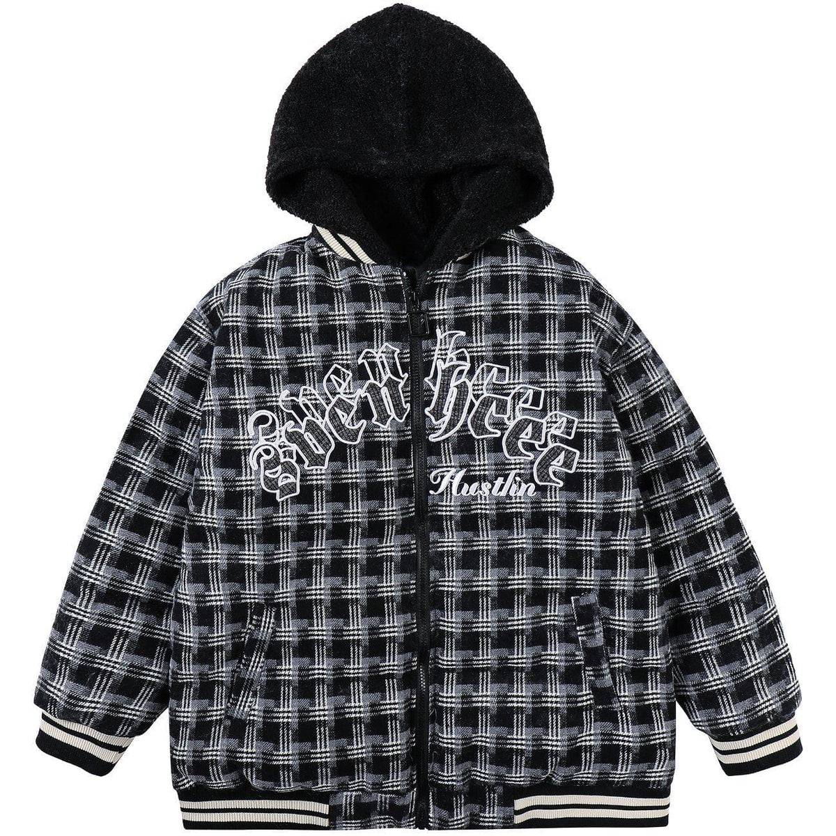 Plaid Patchwork Embroidery Hooded Winter Coat
