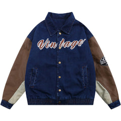 Printed Denim Patchwork Winter Coat