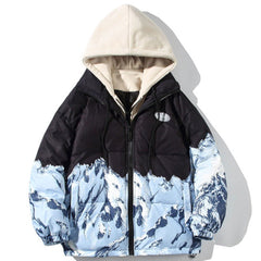 Printed Snow Mountain Hooded Puffer Jacket