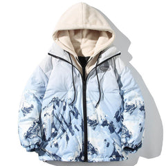 Printed Snow Mountain Hooded Puffer Jacket
