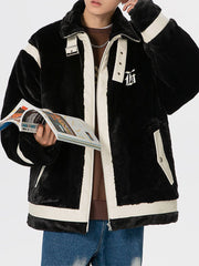 Sherpa-Mantel aus PU-Leder mit Patchwork