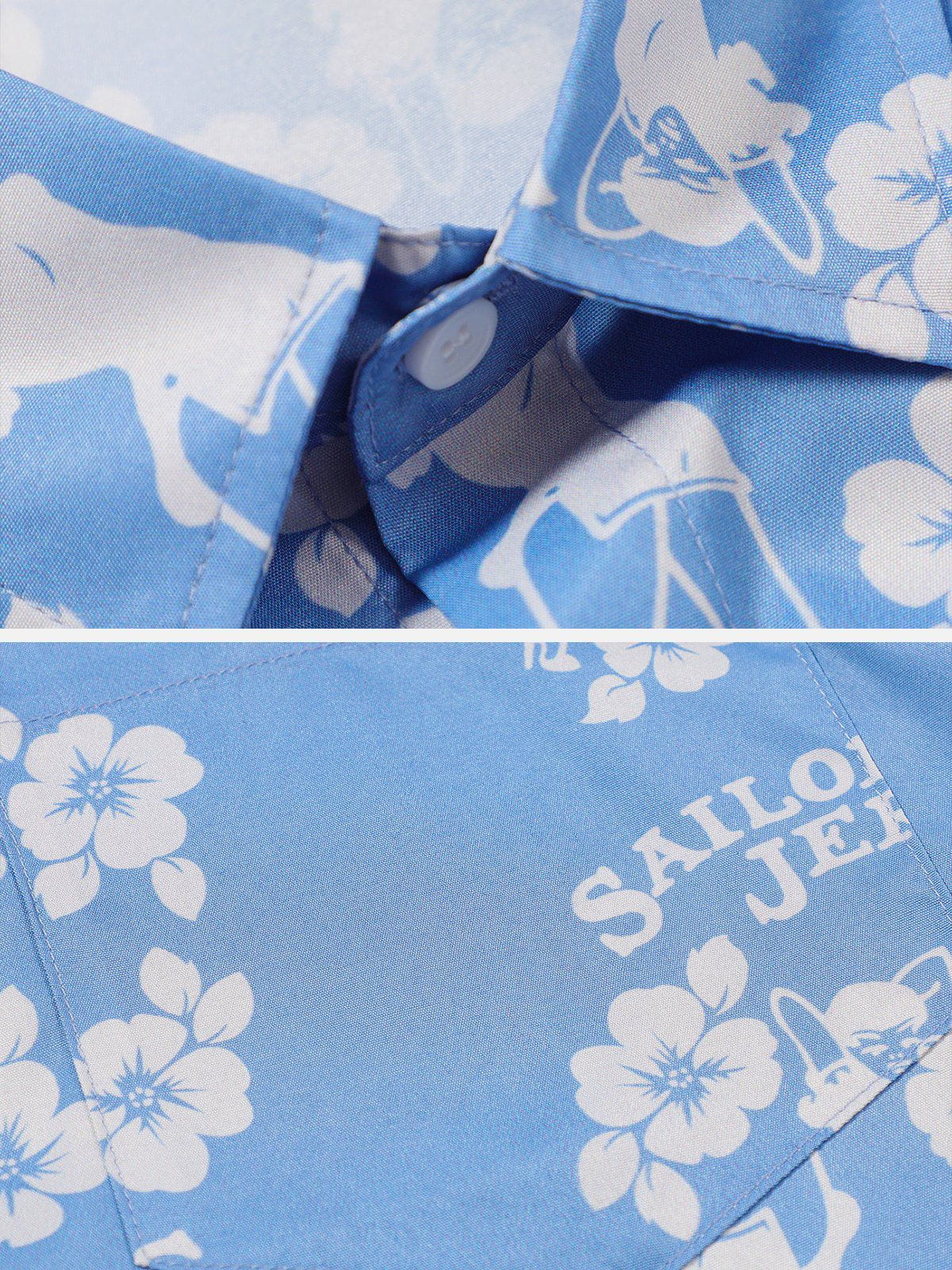 Retro Loose Flower Full Print Short Sleeve Shirt