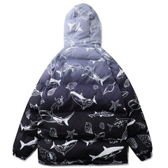 Pufferjacke mit Kapuze und Hai-Volldruck