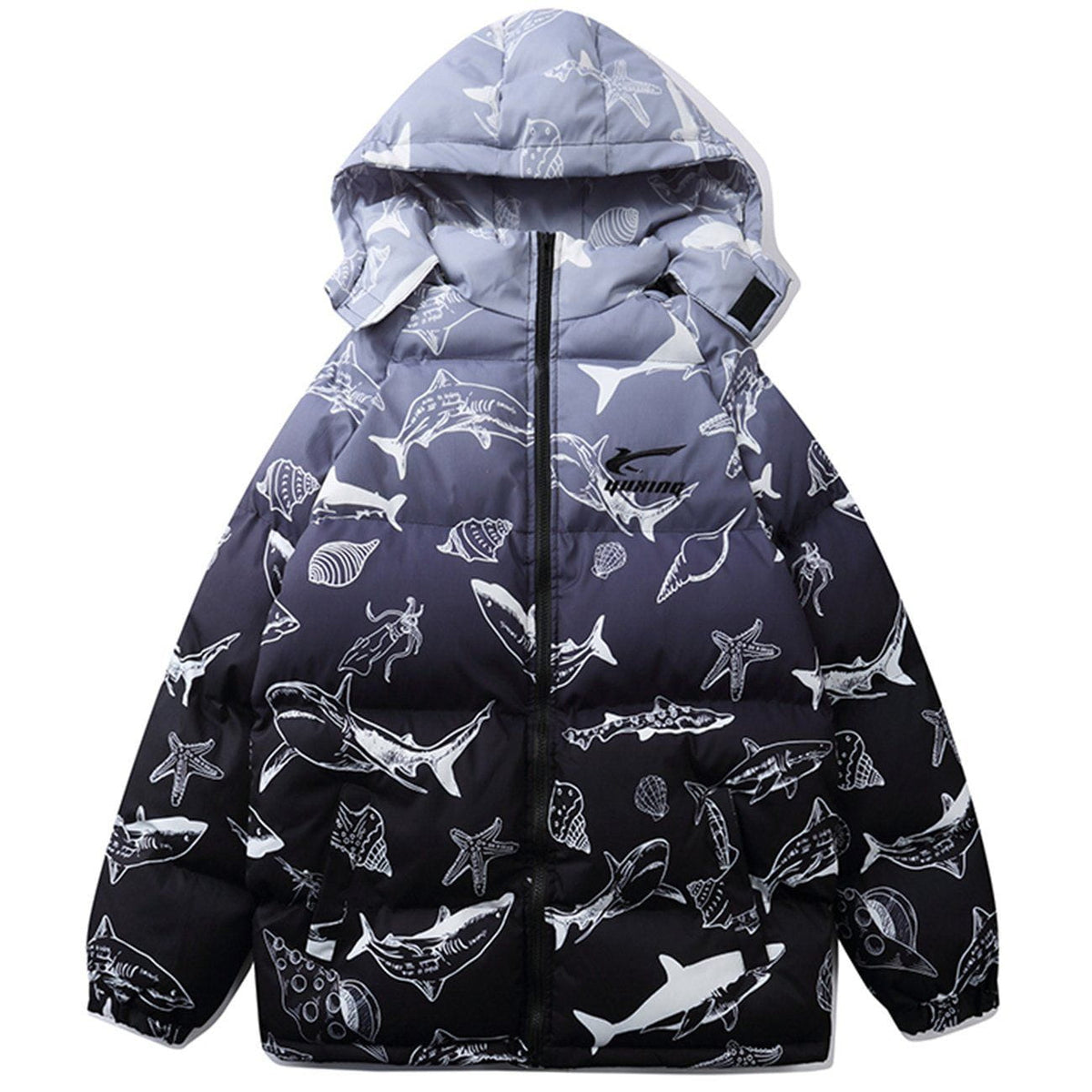 Pufferjacke mit Kapuze und Hai-Volldruck