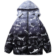 Pufferjacke mit Kapuze und Hai-Volldruck