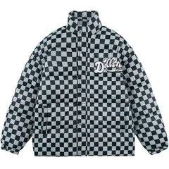 Solid Color Checkerboard Print Puffer Jacket