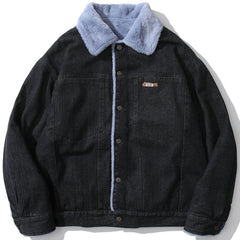 Einfarbiger Wintermantel aus Samt-Denim mit Polokragen