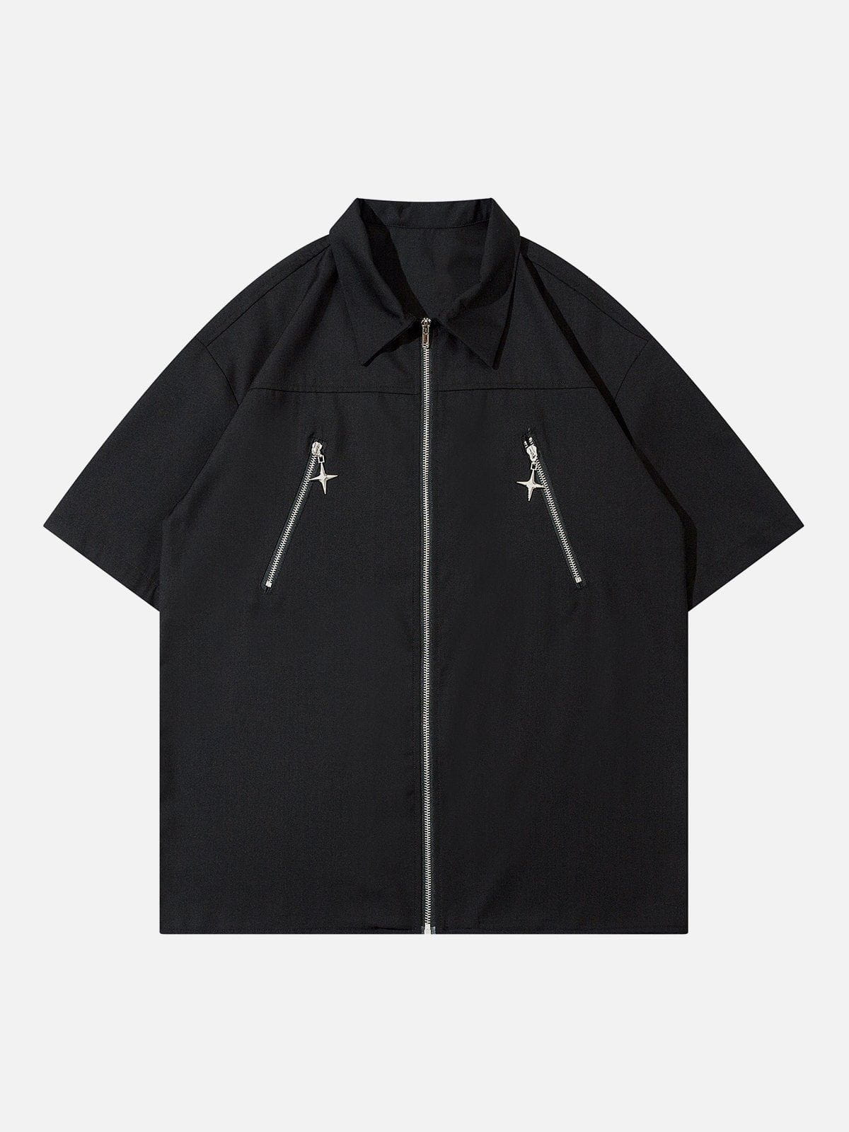 Solid Color Zip Up Short Sleeve Shirt
