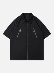 Solid Color Zip Up Short Sleeve Shirt