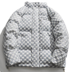 Vintage Checkerboard Plaid Embroidery Puffer Jacket