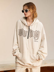 Vintage Curved Patch Embroidered Half-Zip Hoodie