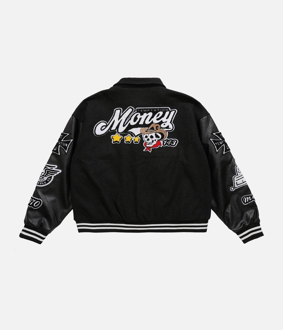 Veste universitaire en PU avec tête de mort et motif cowboy western 