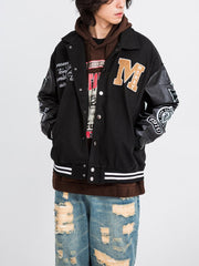 Veste universitaire en PU avec tête de mort et motif cowboy western 